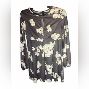 Antoinette Chic Floral Long Sleeve Dress - Brown and Cream Large